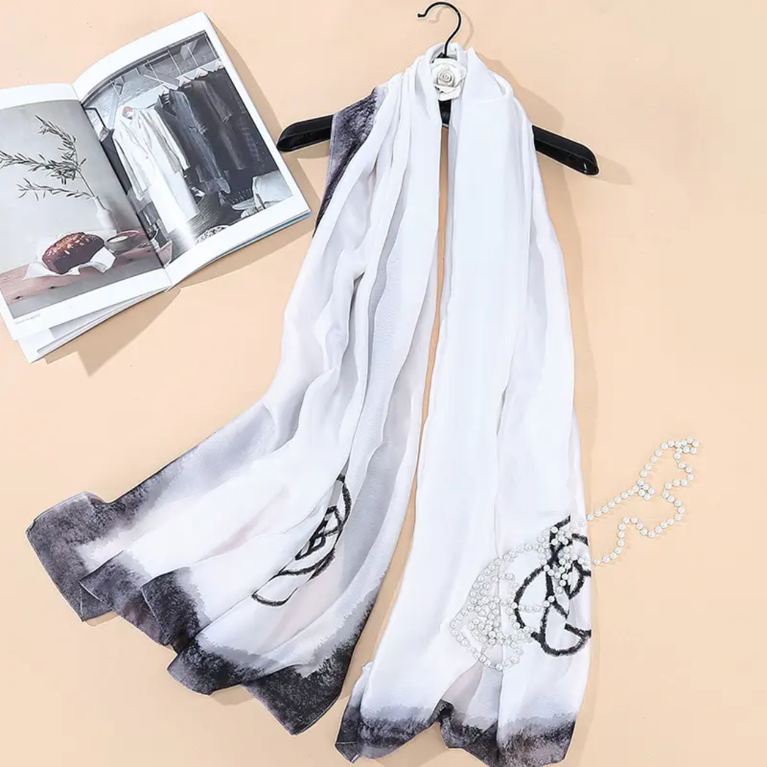 Faded White Blume Printed Silk Scarf