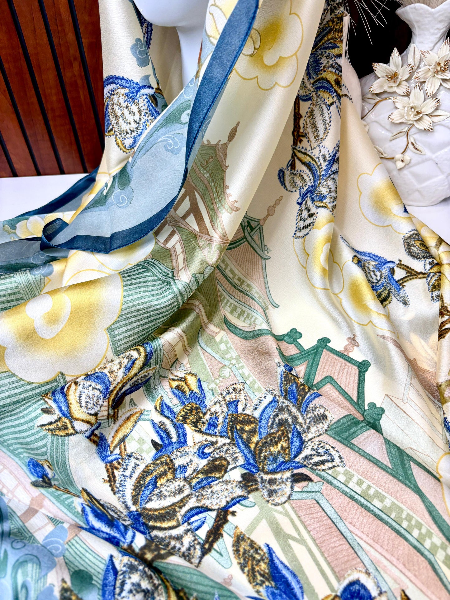 Blue Orchid Bloom Printed Silk Scarf