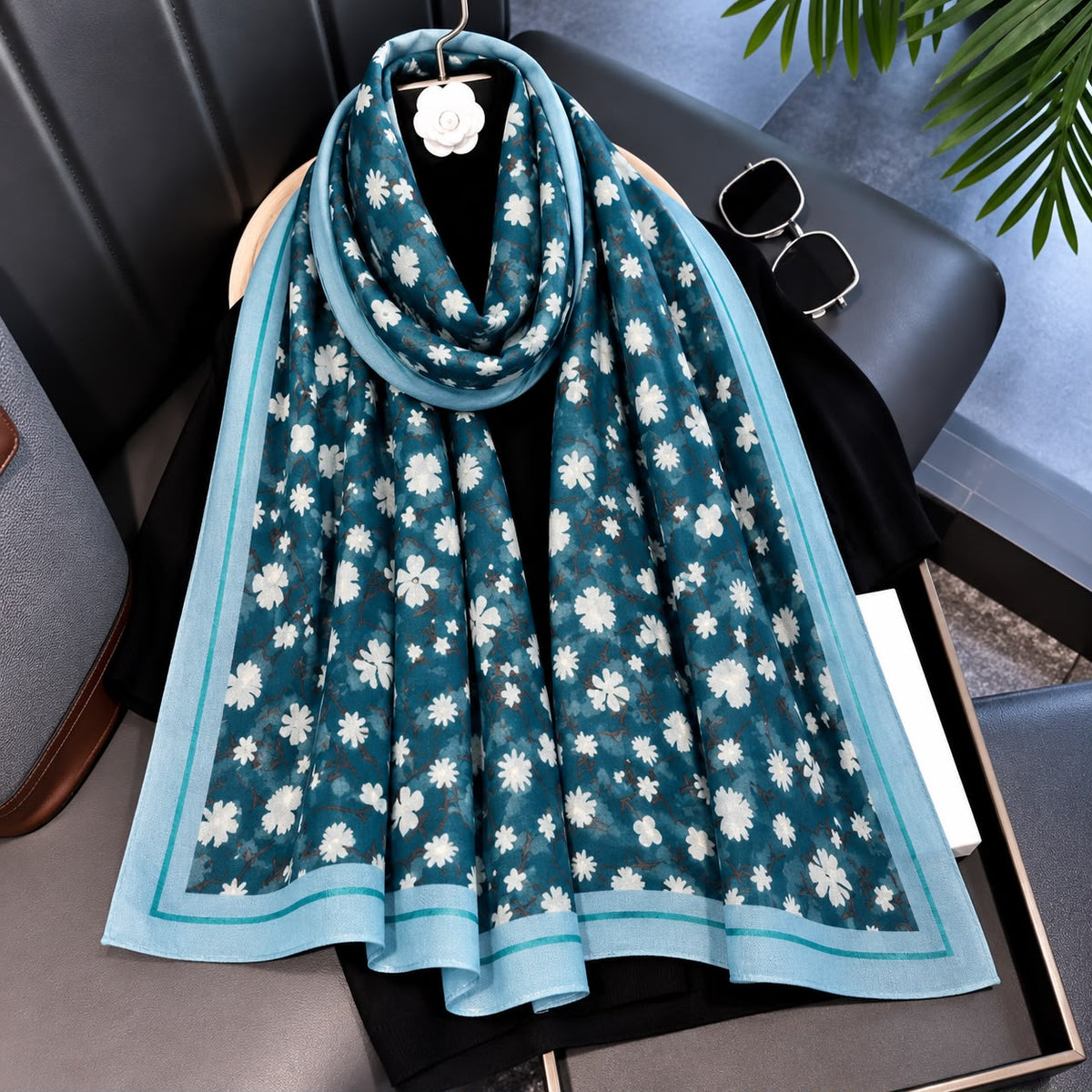 Blue Floral Printed Viscose Scarf