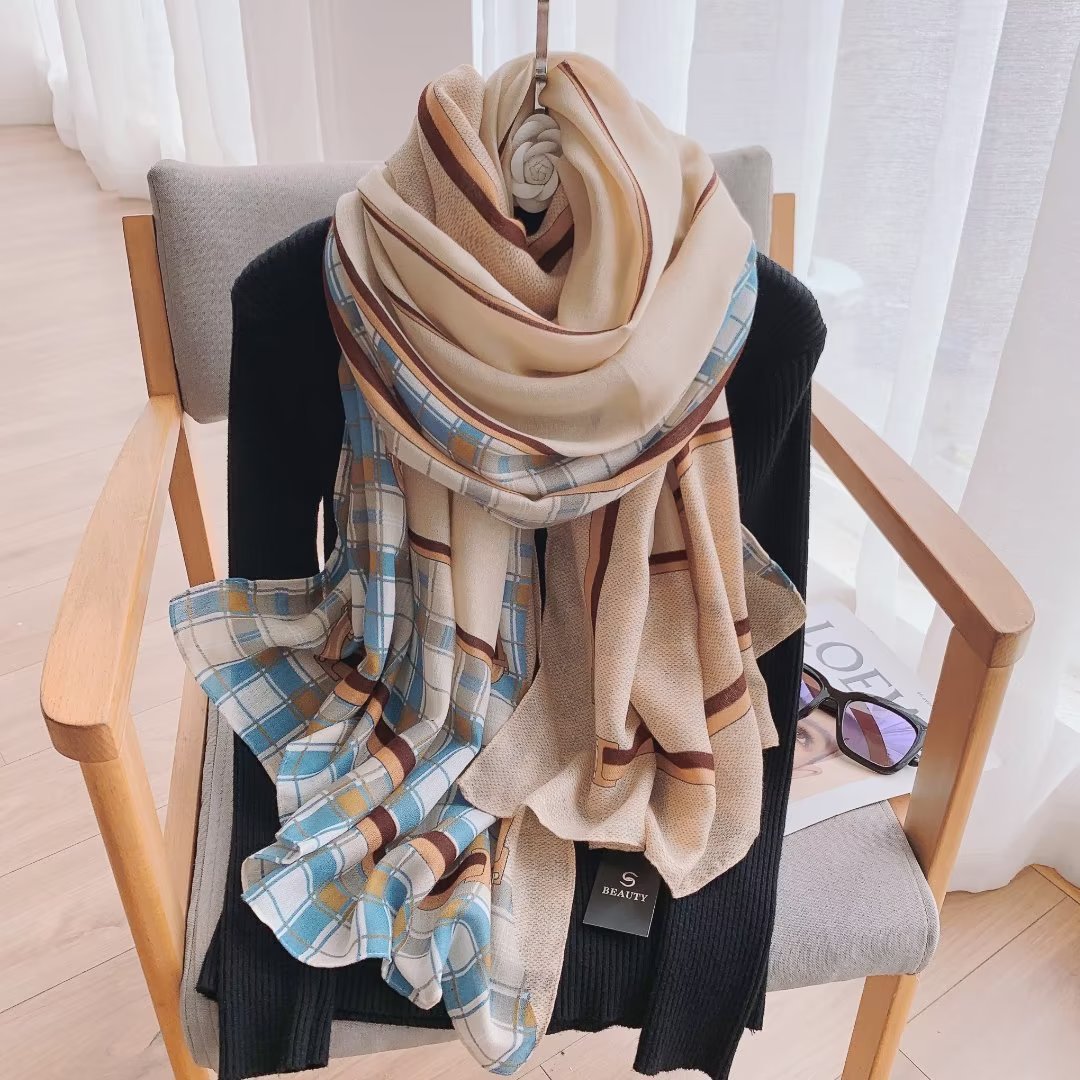 Blue check Brown Line Printed Winter Viscose Scarf
