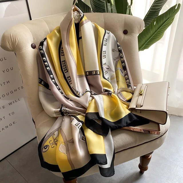 Yellow Black Abstract Printed Silk Scarf