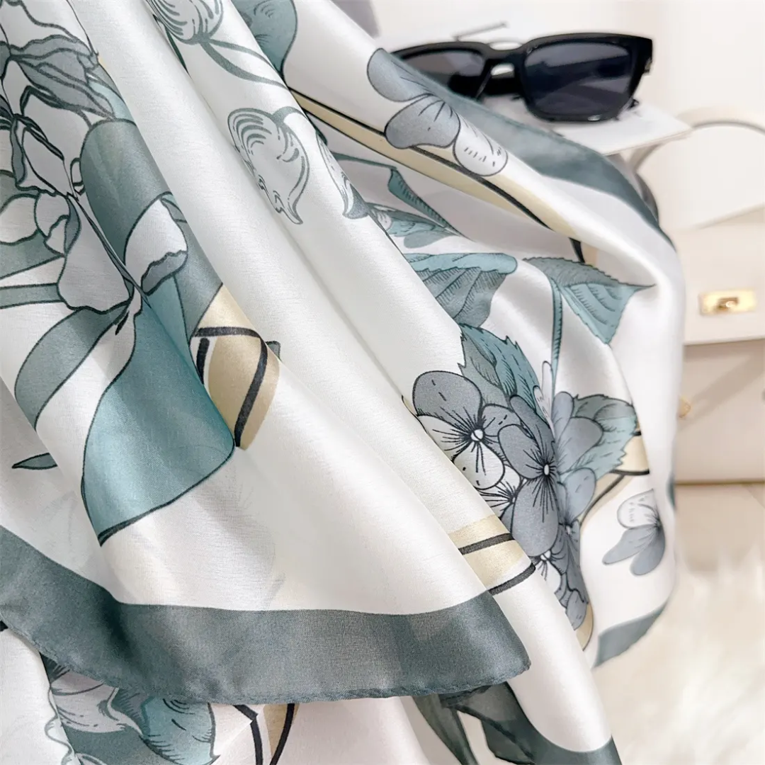 Teal Floral Drawing Printed Silk Scarf