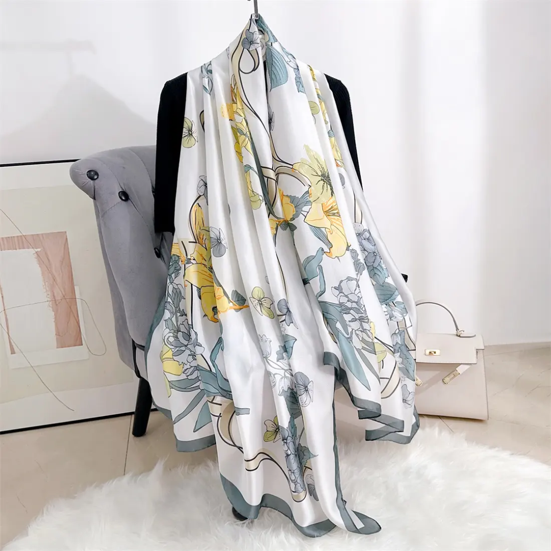 Teal Floral Drawing Printed Silk Scarf