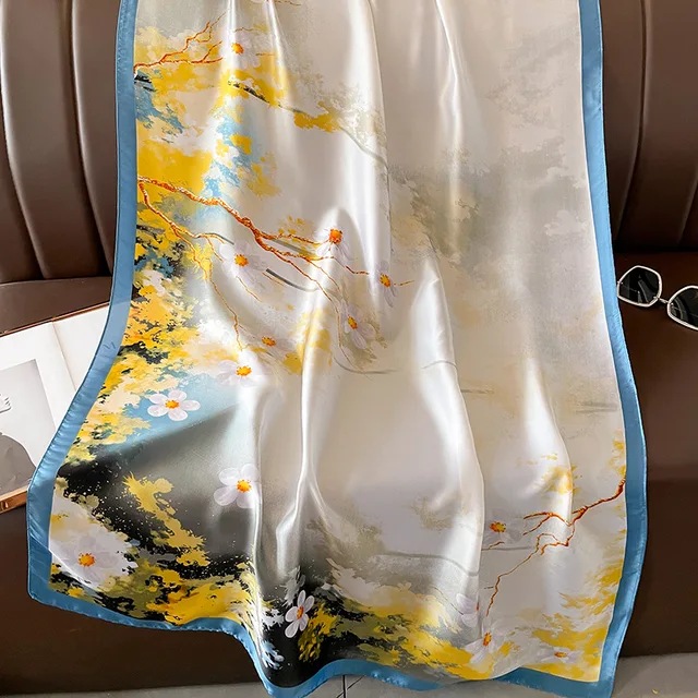 Blue Yellow Spring Printed Silk Scarf