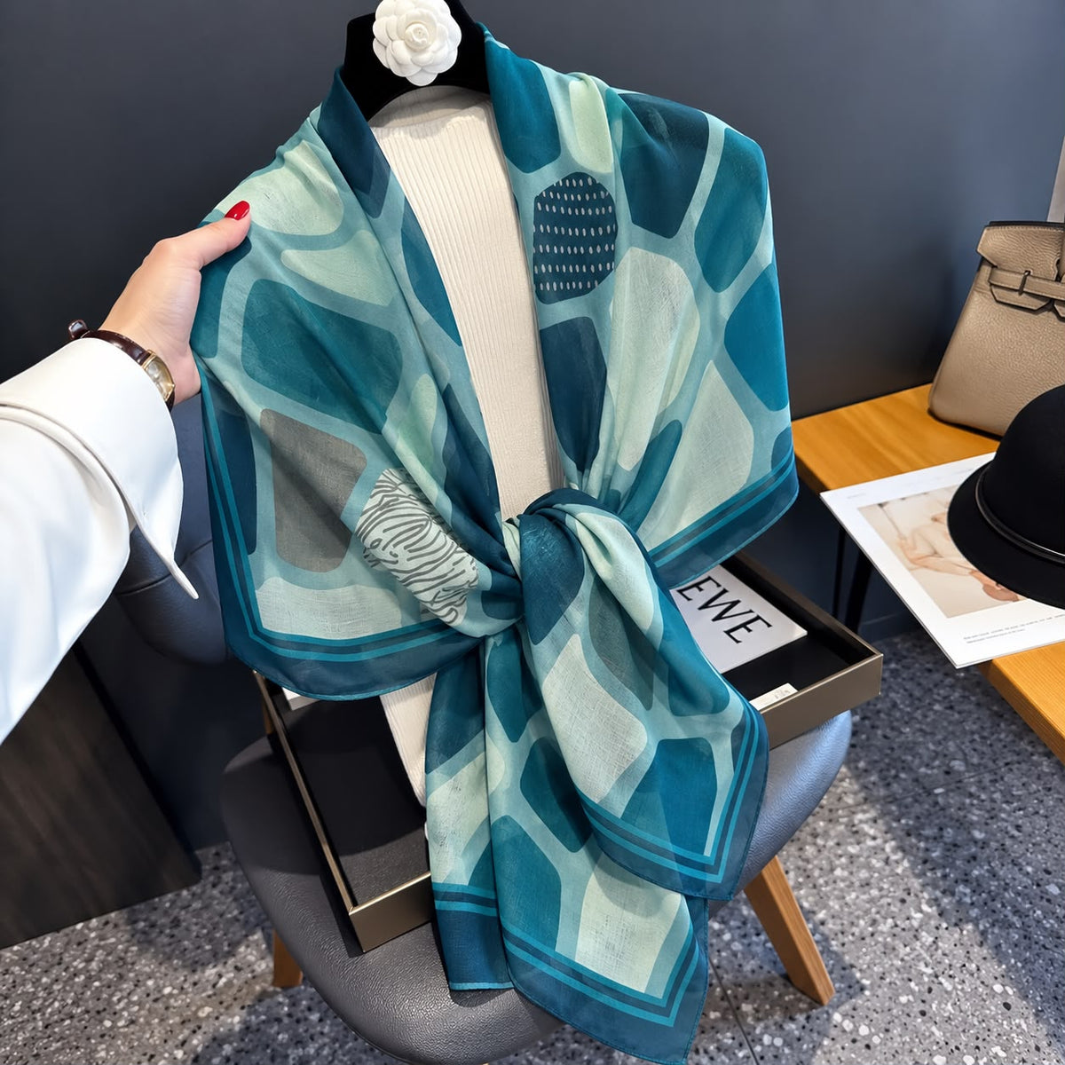 Blue Honey Comb Printed Viscose Scarf