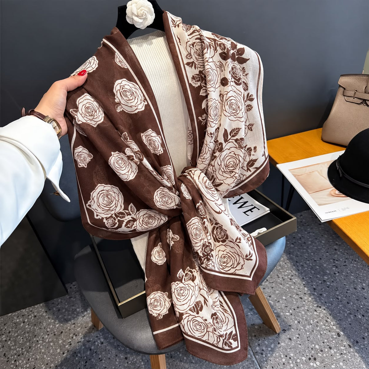 Latte Rose Whisper Printed Viscose Scarf