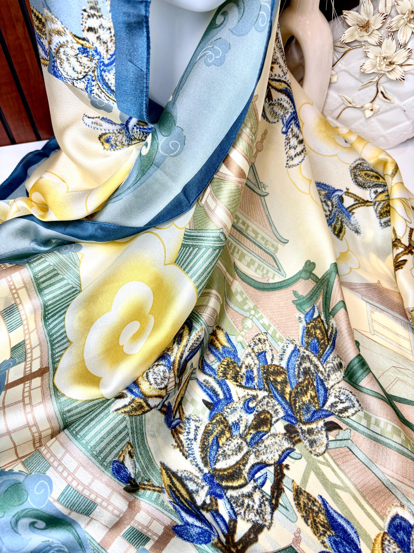 Blue Orchid Bloom Printed Silk Scarf