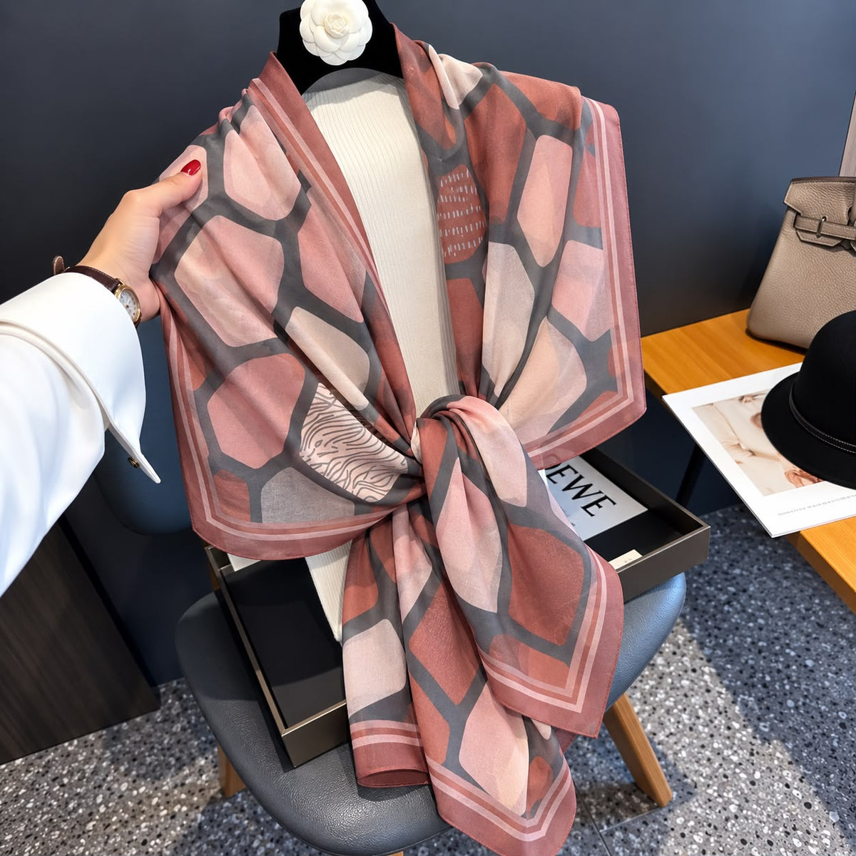 Pink Honey Comb Printed Viscose Scarf