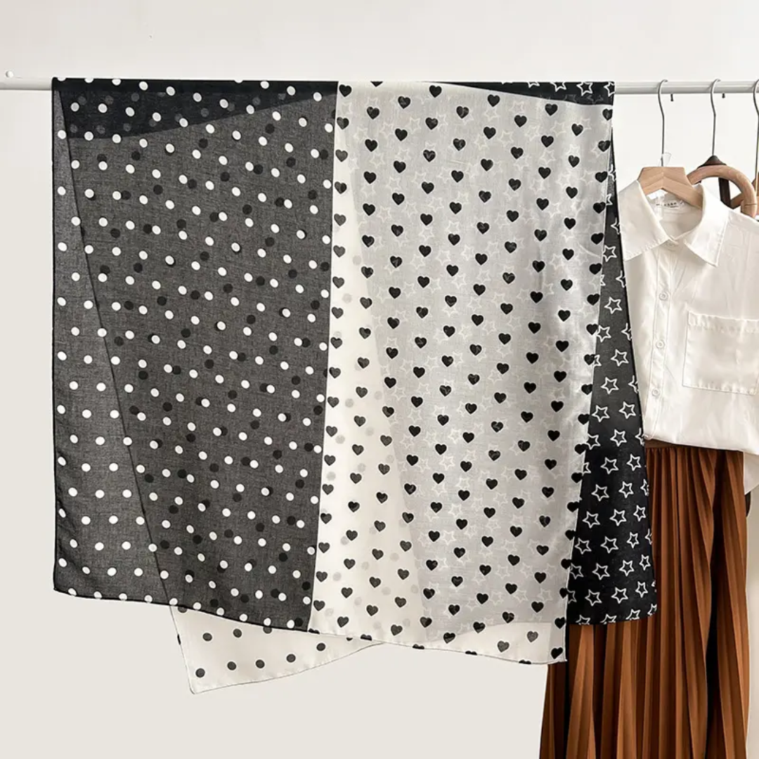 White Round Heart Printed Viscose Scarf