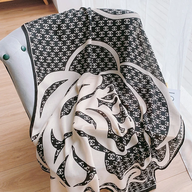 C Roses Black White Printed Viscose Scarf