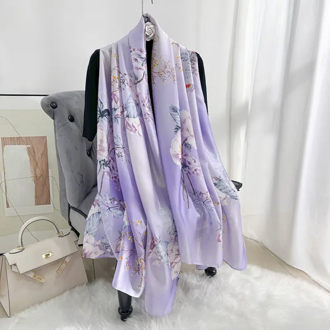 Lilac Flower Tree Printed Silk Scarf