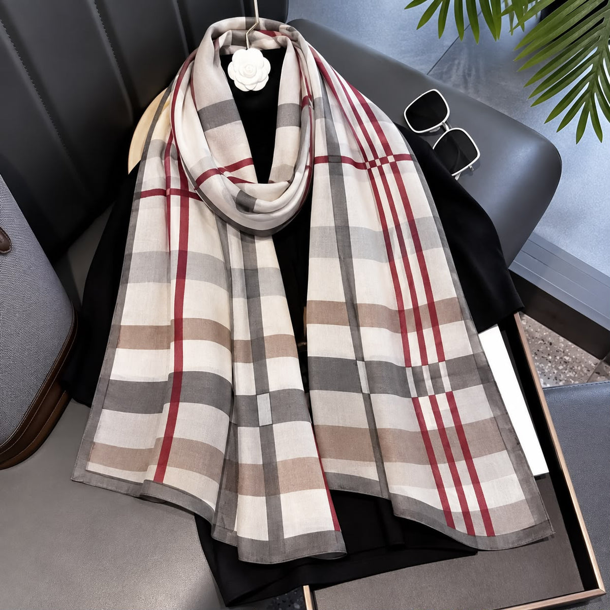 Red Line Check Printed Viscose Scarf