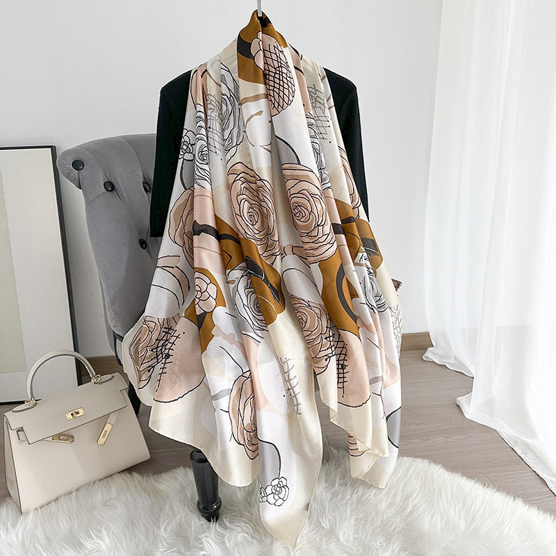 Cream Rose Hat Winter Printed Silk Scarf