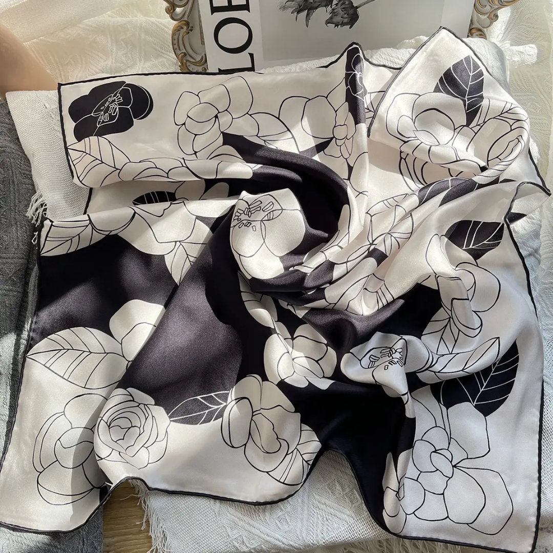 Roses Black Printed Silk Scarf
