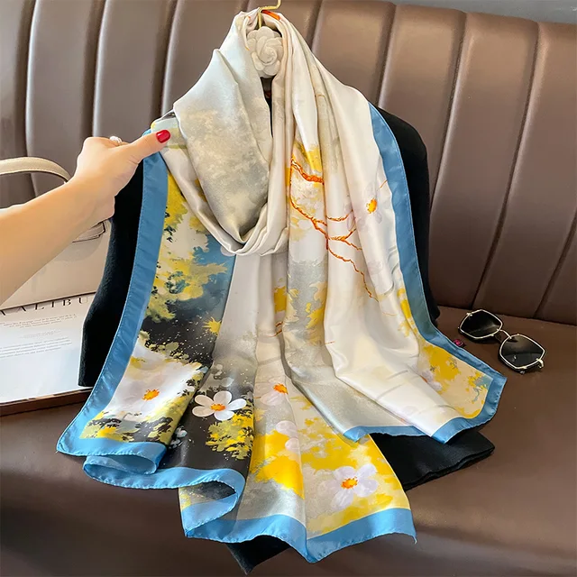 Blue Yellow Spring Printed Silk Scarf