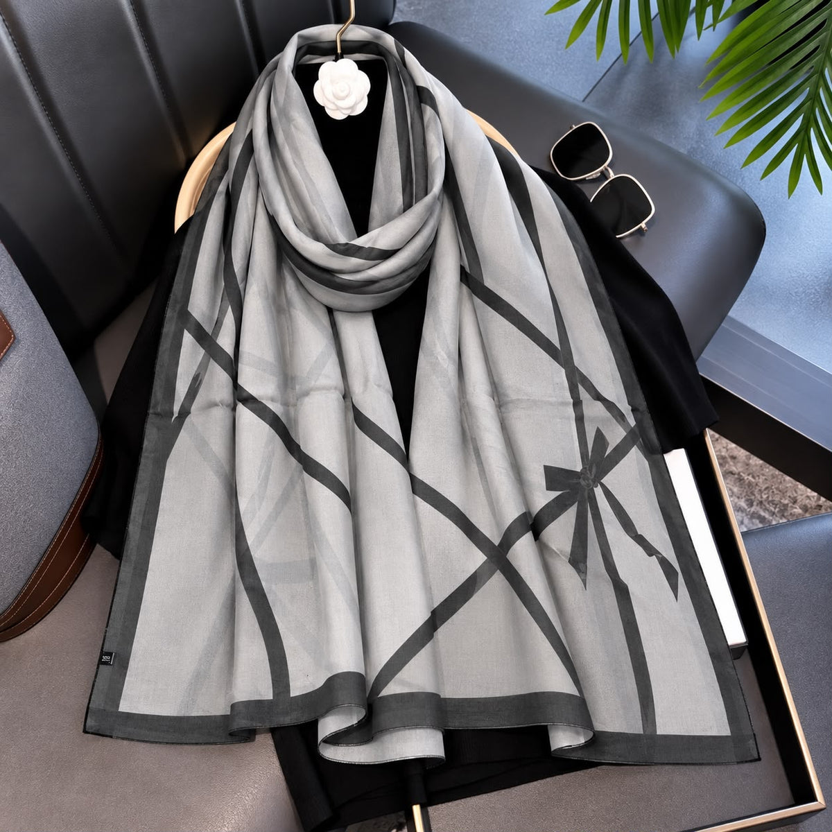 Silver Grey Bow Printed Viscose Scarf