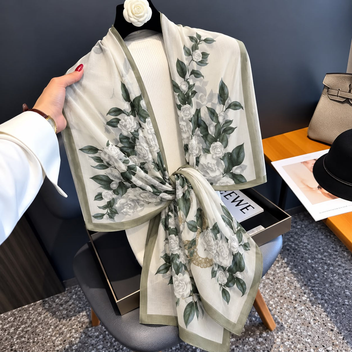 Silver Rose Bunch Printed Viscose Scarf