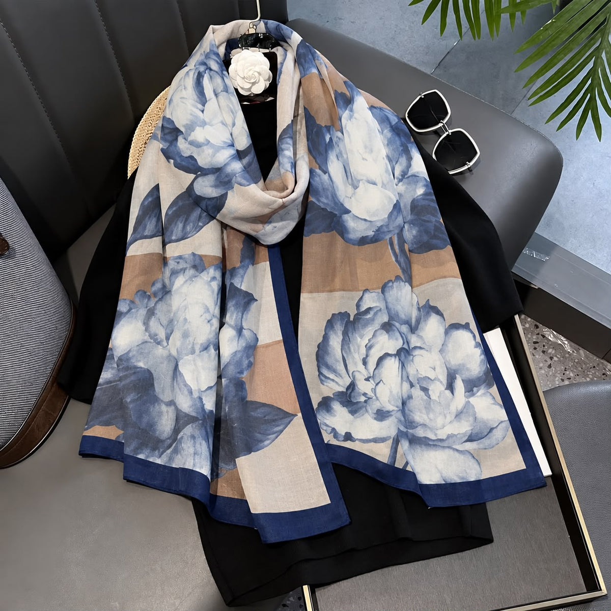 Ink Blue Floral Printed Viscose Scarf