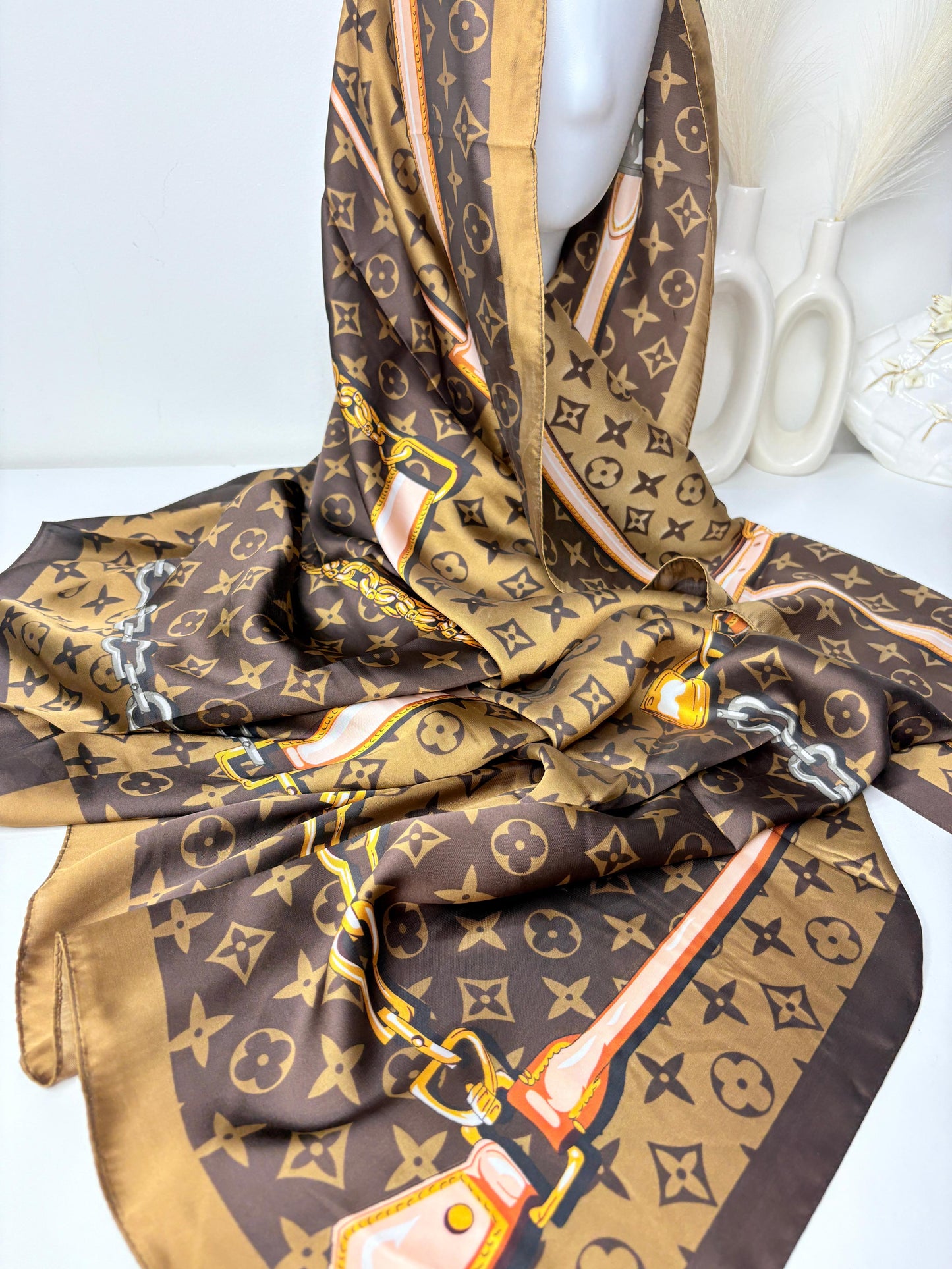 V Brown Printed Silk Scarf