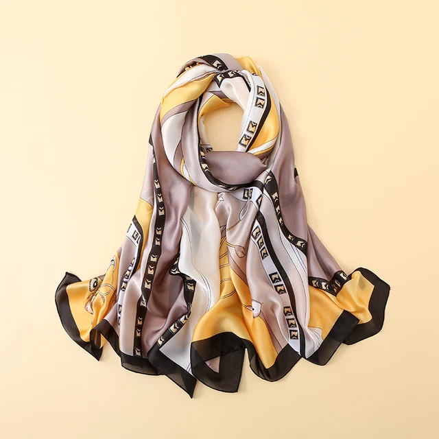 Yellow Black Abstract Printed Silk Scarf
