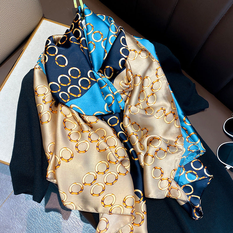 Blue Golden Circles Winter Printed Silk Scarf