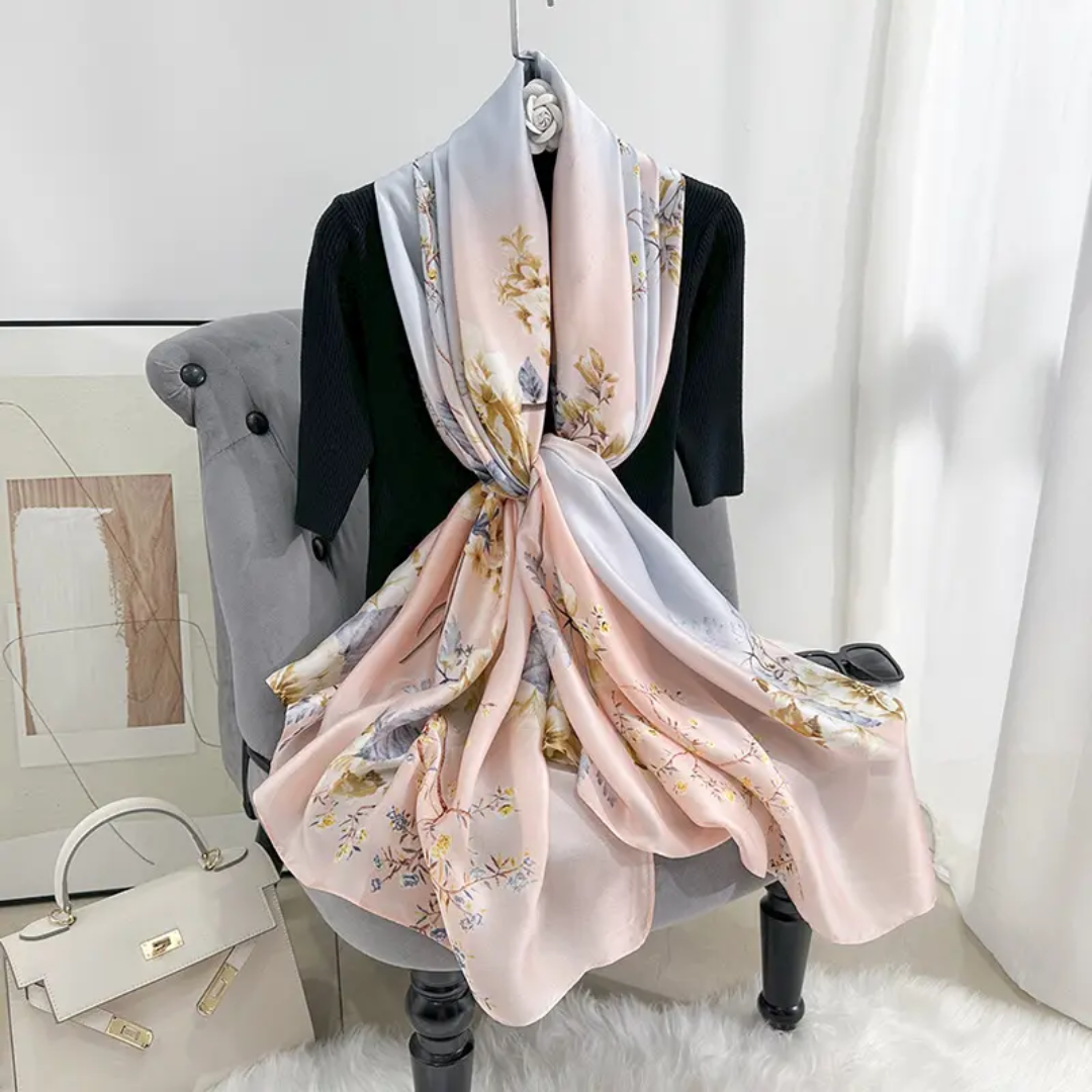 Peach Flower Tree Printed Silk Scarf