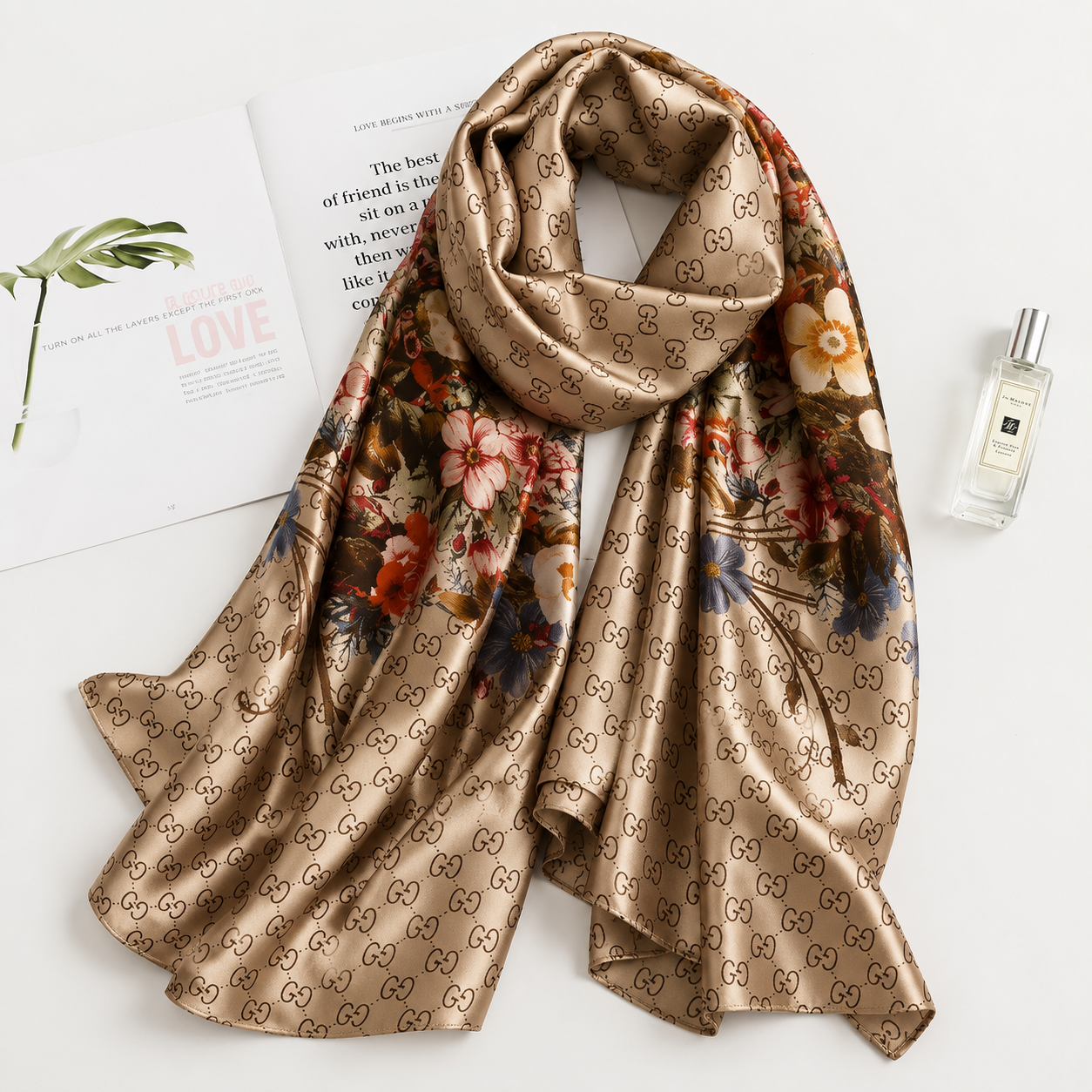 Tan Floral Symphony Printed Silk Scarf