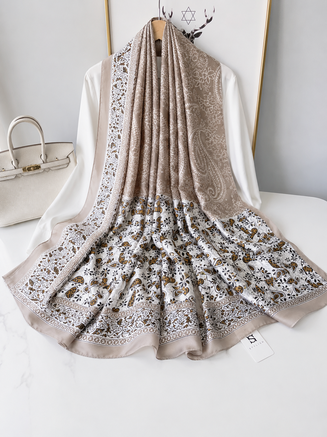 Beige Azure Garden Printed Silk Scarf