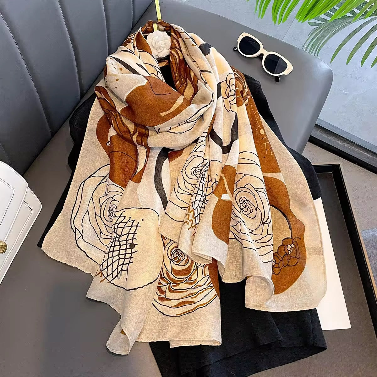 Abstract Rose Printed Viscose Scarf