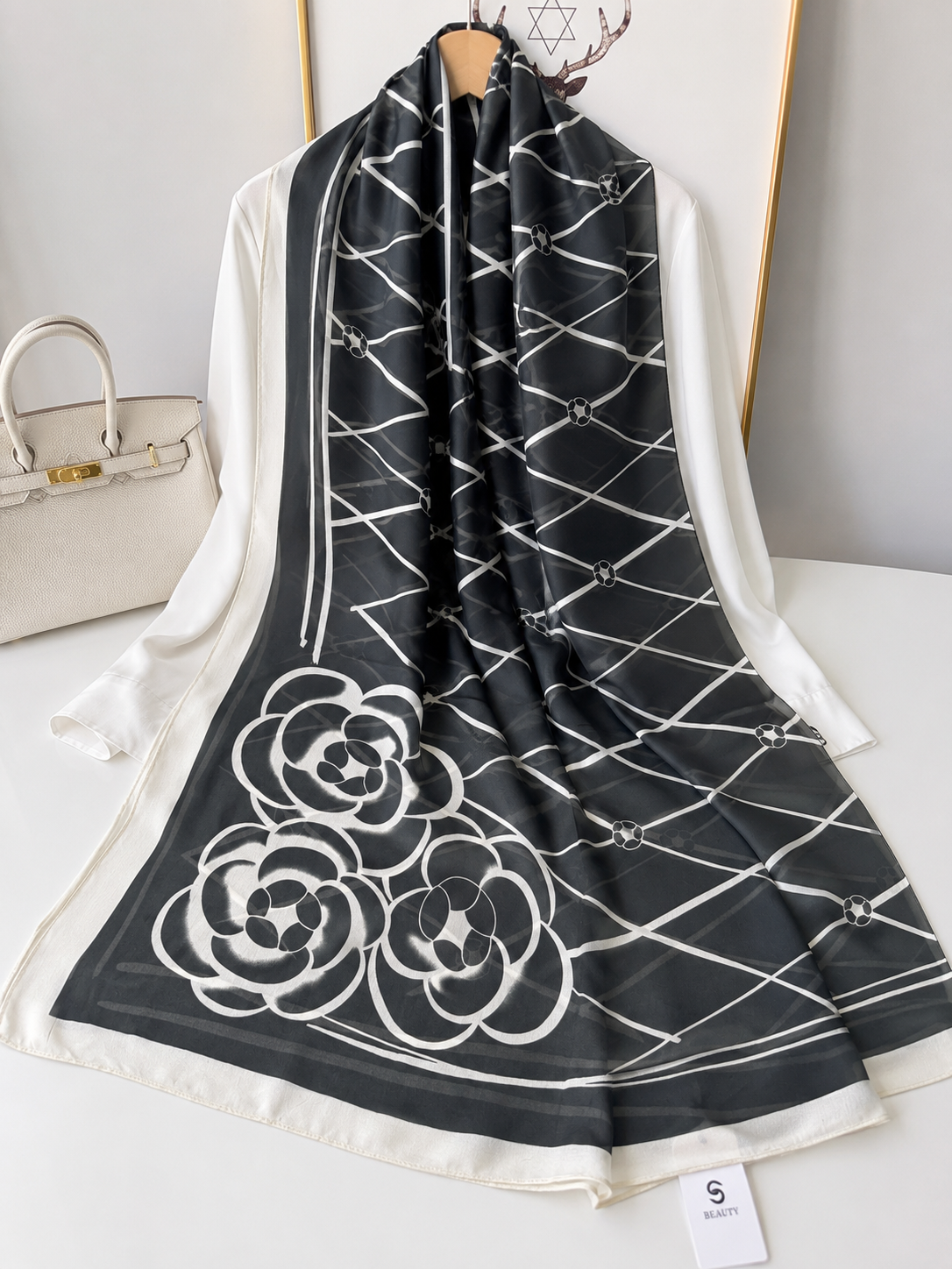 Square Rose Printed Silk Scarf