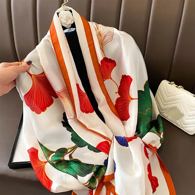 Floral Cream Orange Printed Silk Scarf