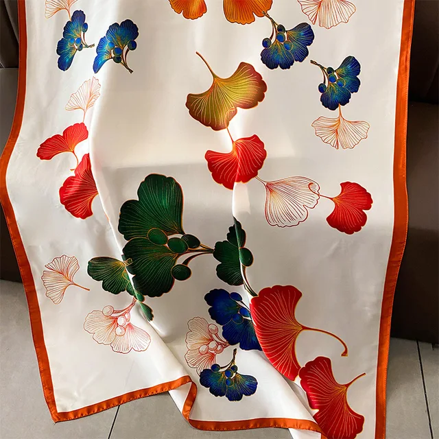 Floral Cream Orange Printed Silk Scarf