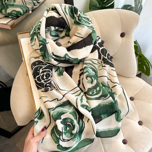 Green Roses Printed Viscose Scarf