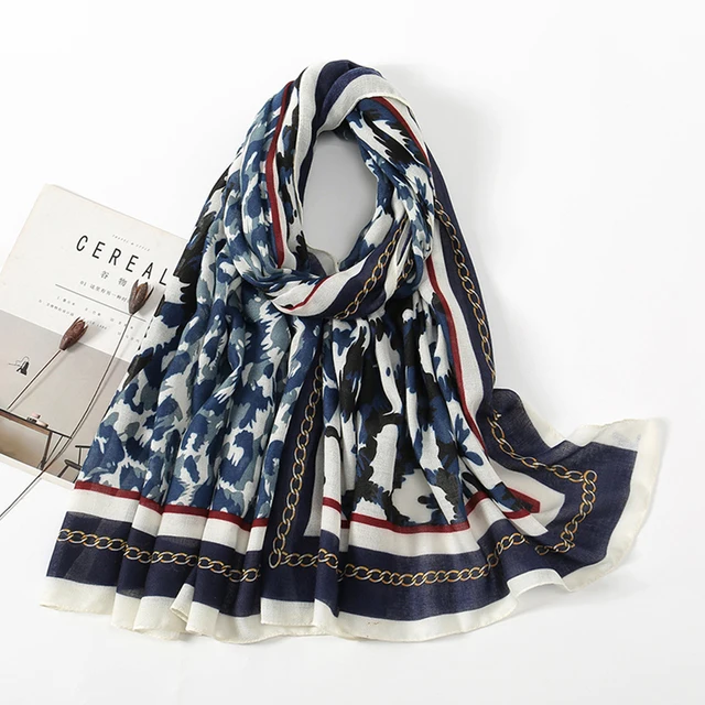 Blue Navy Printed Viscose Scarf