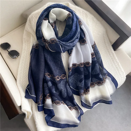 Blue Chains Check Brand Print Viscose Scarf