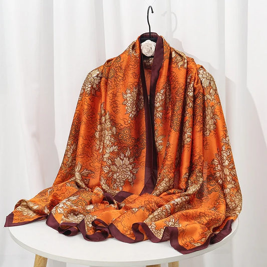 Floral Orange Printed Silk Scarf