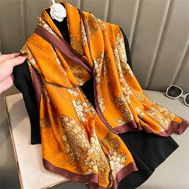 Floral Orange Printed Silk Scarf