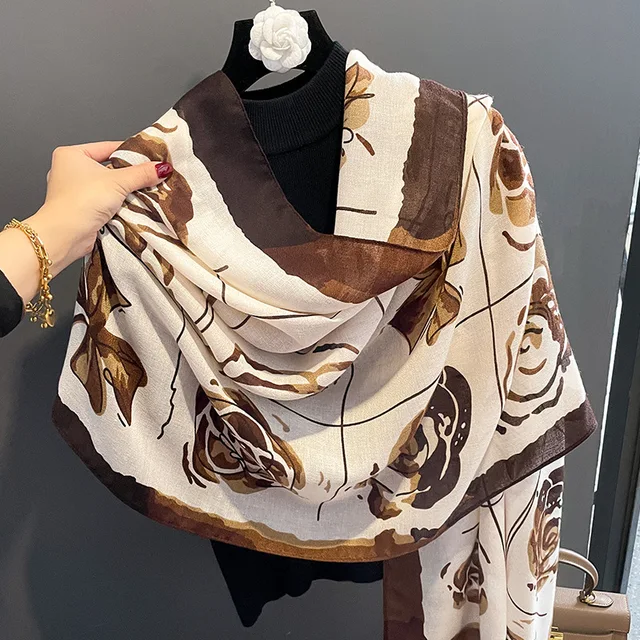 Brown Roses Printed Viscose Scarf