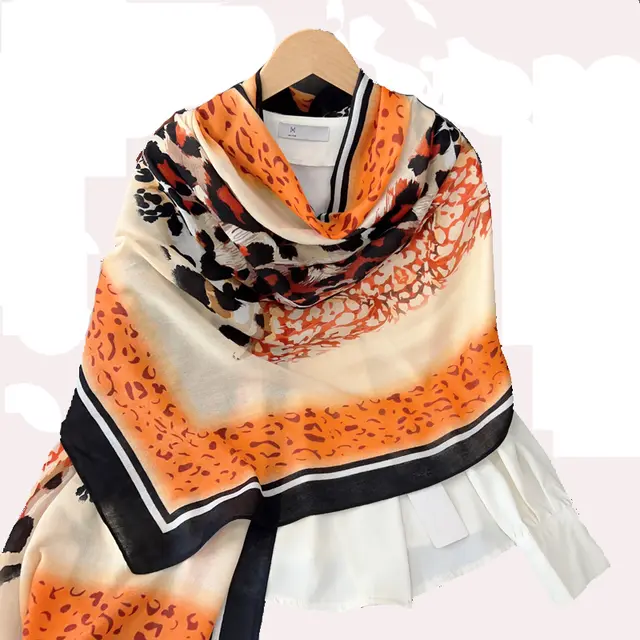 Orange Black Floral Animal Printed Viscose Scarf