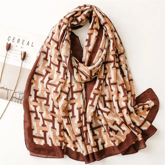 Brown H Brand Print Viscose Scarf