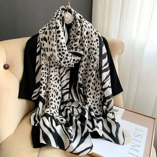 Black Grey Chetah Printed Viscose Scarf