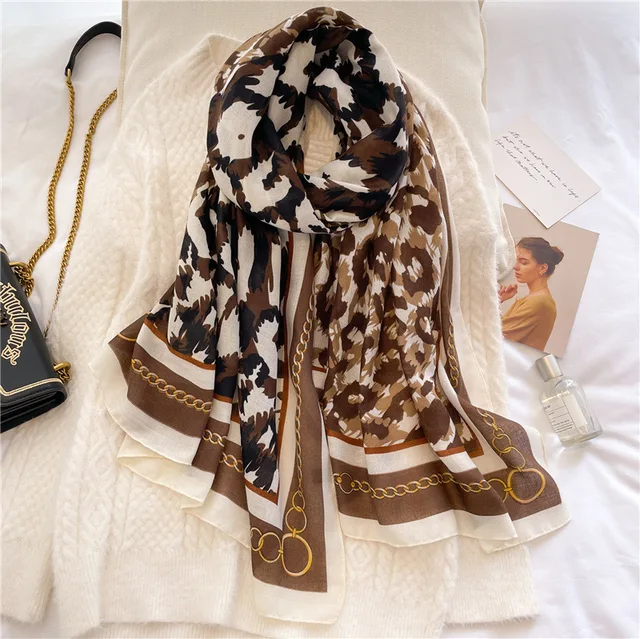 Brown Navy Printed Viscose Scarf