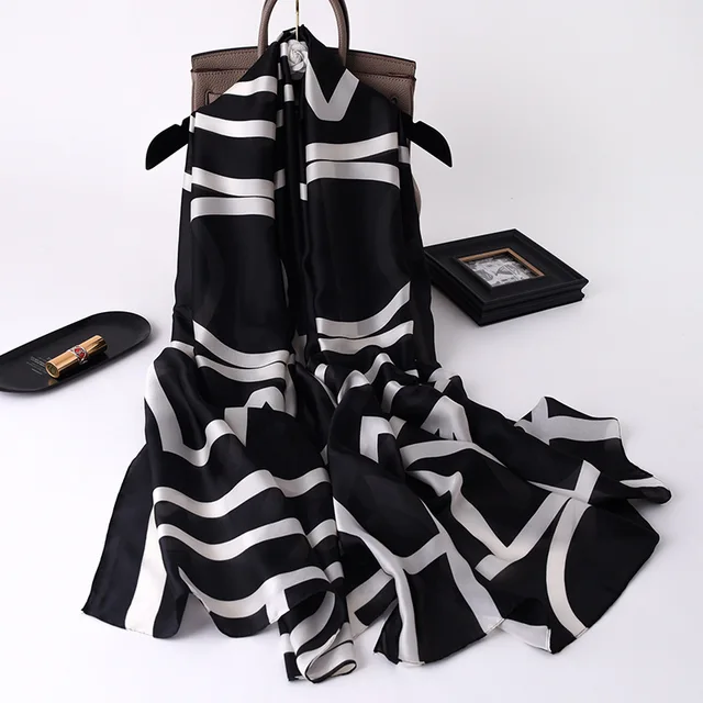 Black & White Stripes Printed Silk Scarf