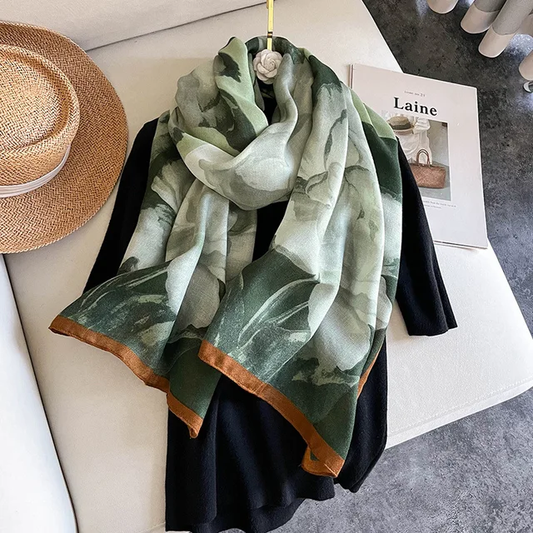 Green Orange Florals Printed Viscose Scarf