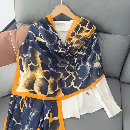 Marble Blue Orange Printed Viscose Scarf