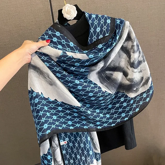 Blue Black Flowers Printed Viscose Scarf