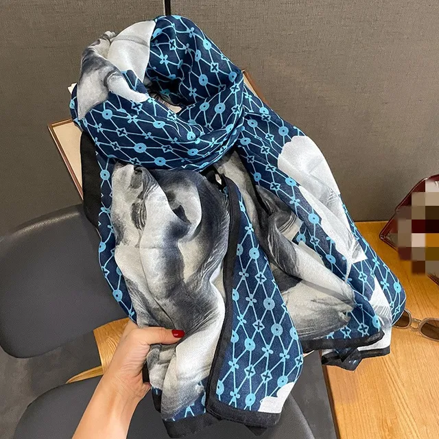 Blue Black Flowers Printed Viscose Scarf