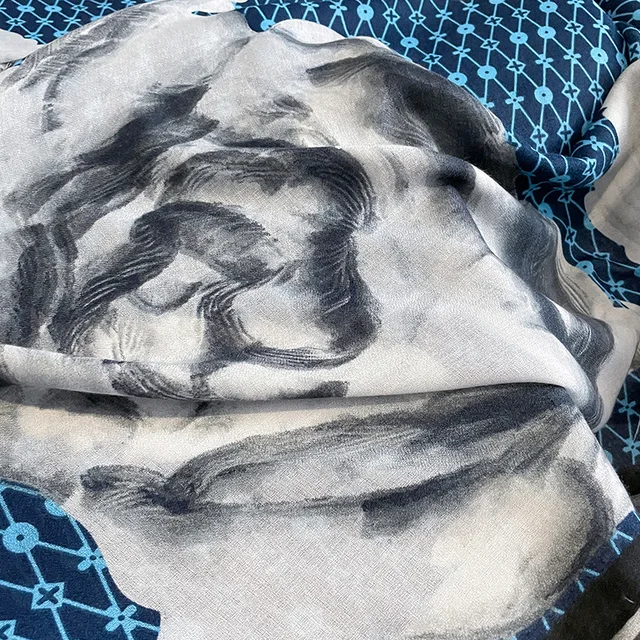 Blue Black Flowers Printed Viscose Scarf