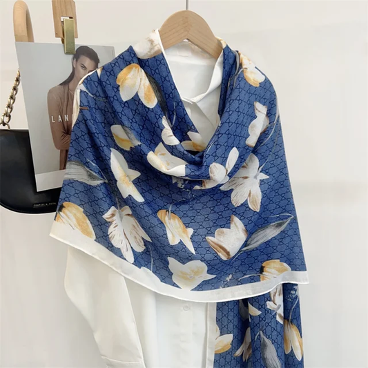 Blue Mesh Floral Bloom Printed Viscose Scarf