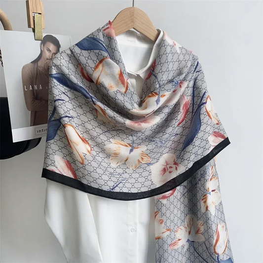 Grey Mesh Floral Bloom Printed Viscose Scarf